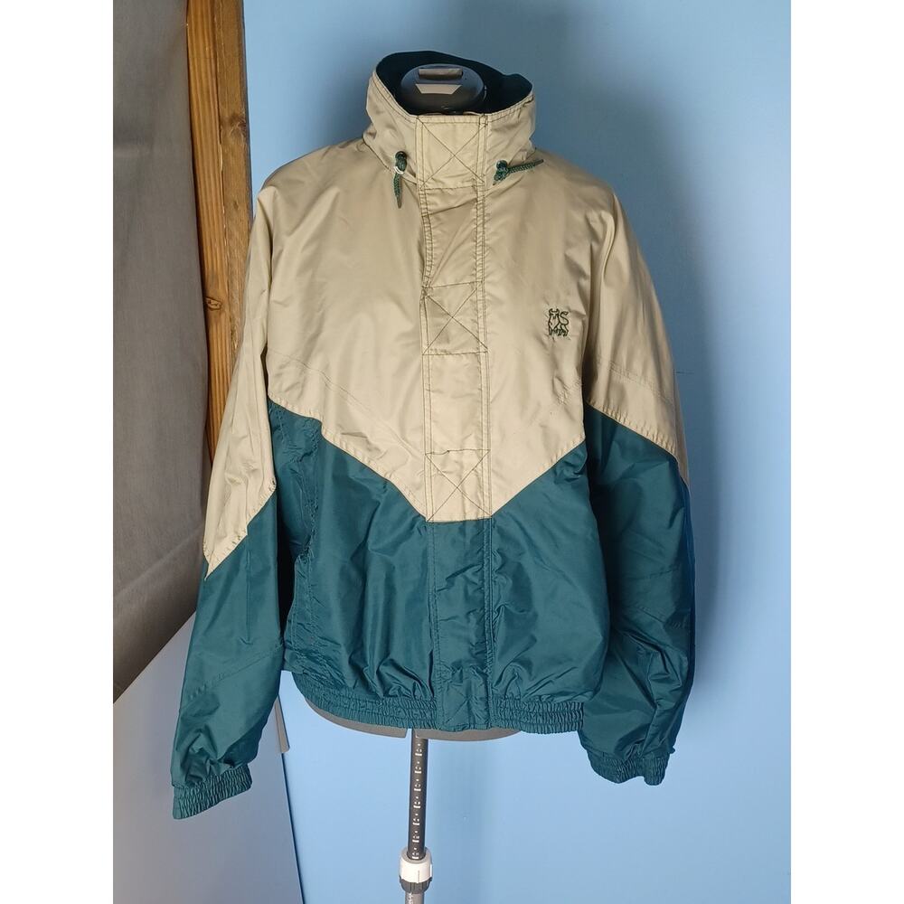 Vintage MV Sport Vinyl Beige & Green Fishing Jacket Lightweight Hooded